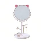 Cute Bear Ear HD Desktop Makeup Mirror with Jewelry Stand – INS Style Round Vanity Mirror for Home & Student Dorm (White)