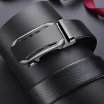 Premium Mens Genuine Leather Belt - Modern Slide Lock Ratchet Design Black - Image 3
